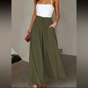 Plus army green drawstring elastic waist pockets wide leg pants